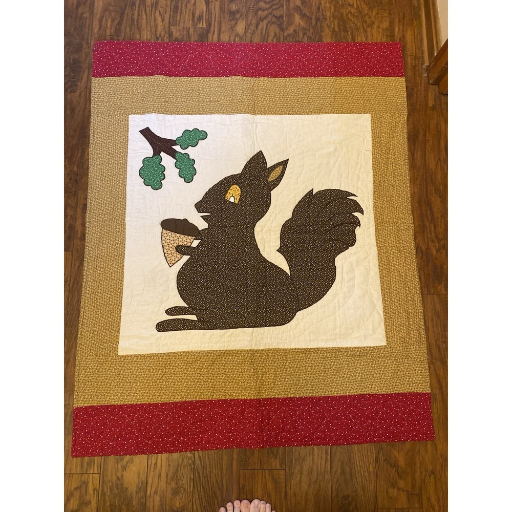 Handmade Quilted Squirrel Wall Hanging Rustic Fall Acorn 45 X 39 Cottagecore